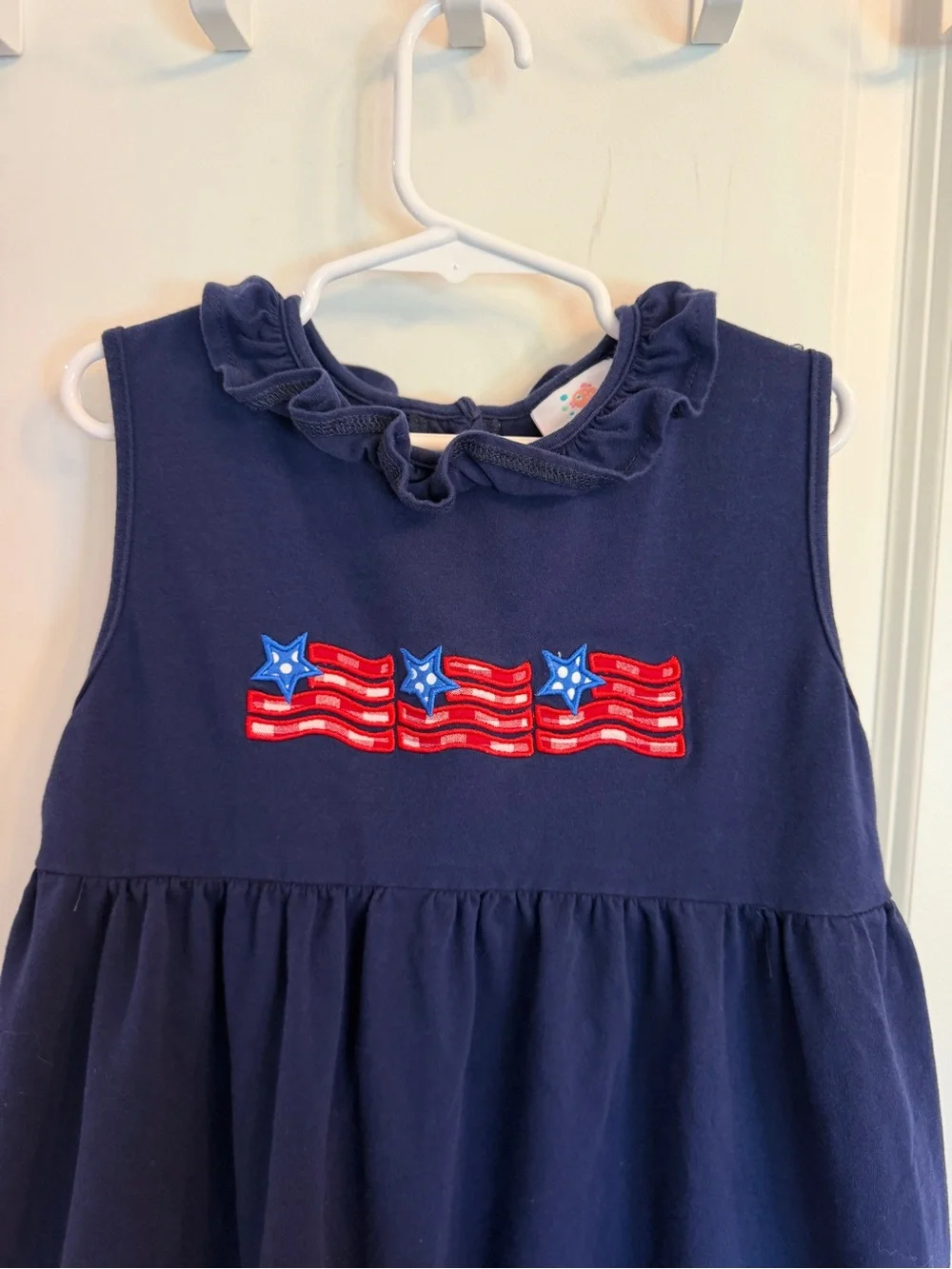 Girls Navy Sleeveless Ruffle Dress with Patriotic Appliqué